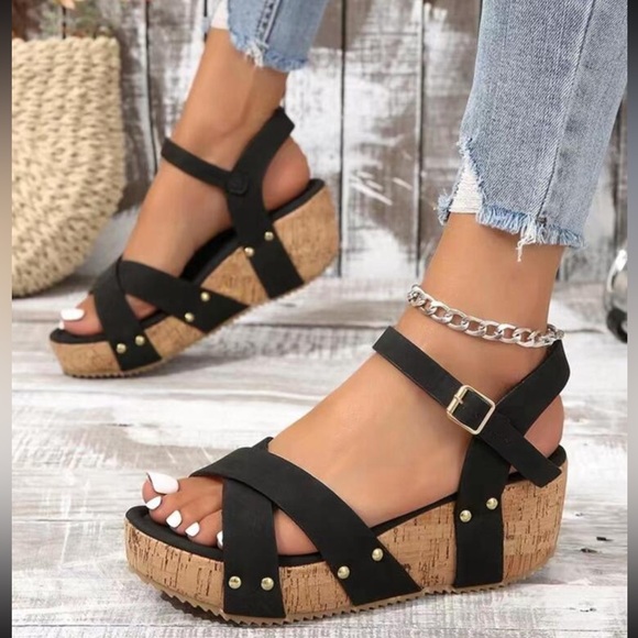 Cork Wedge Black Strap Sandals - Picture 2 of 8